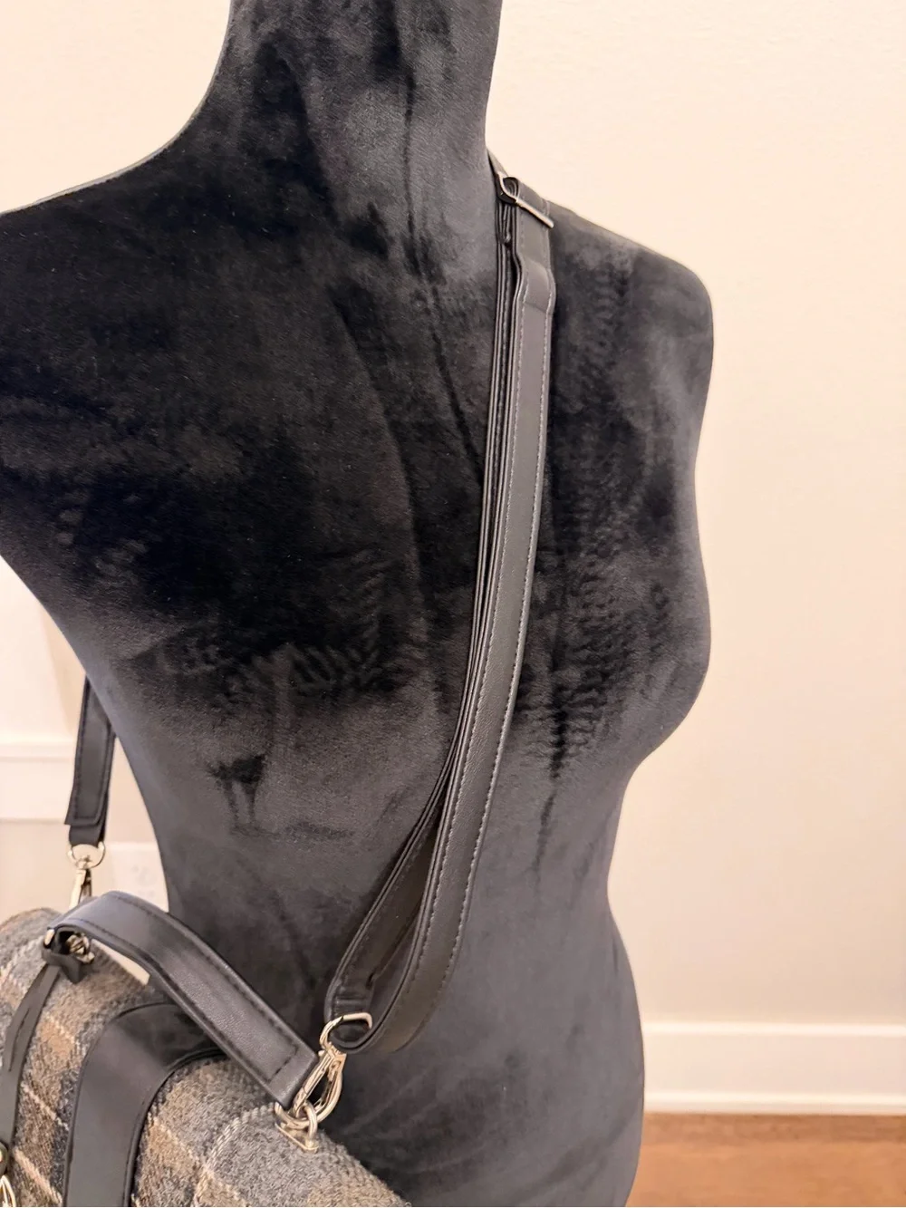 Wool Plaid Messenger Bag with Black Leather Trim
